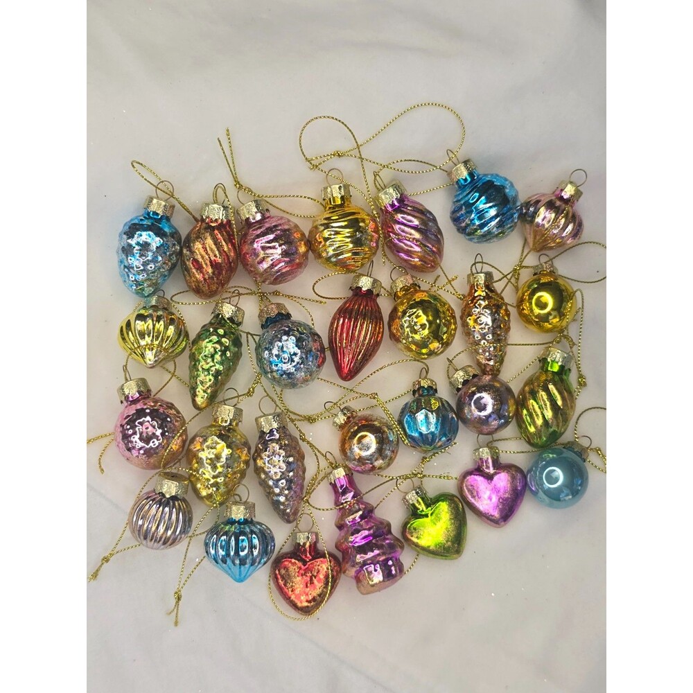 Colorful Gold Glitter Mini Antiqued 1.5" Ornaments Glass Set of 28 Christmas
